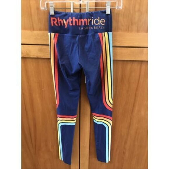 Goldsheep Lucky Stripe Long Leggings XS Blue Rainbow Stretch Pullon - Picture 3 of 6